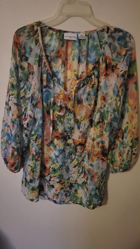 Liz Claiborne Mujer Transparente PXL Floral Verde azulado Corbata Cuello Manga 3/4 30 L 25 A través de F - Imagen 24 de 24