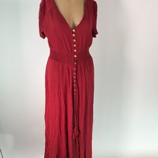 Womens Short Sleeves Smoked Waist Button Up Split Rust Maxi Dress Size Medium