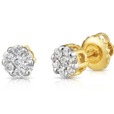 14K Solid Gold .25Ct Natural Round Diamond Cluster Flower Halo Stud Earrings