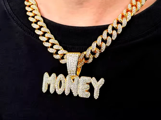 男式冰冷“钱”吊坠不锈钢 14K 白金电镀钻石 — 第 4/4 张图片