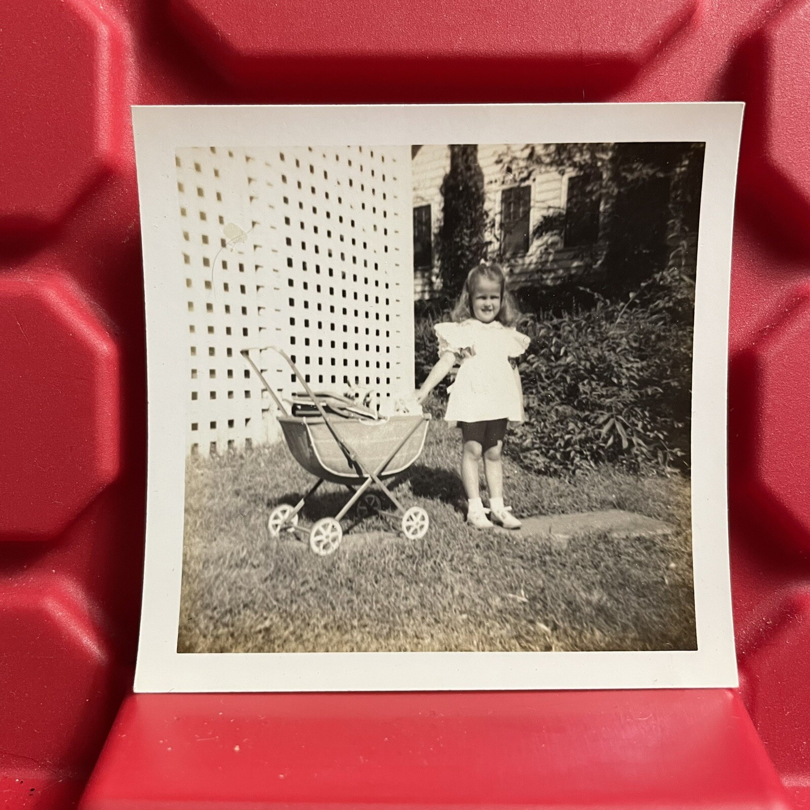 Girl Outside With Baby Stroller 3 1/8 x 3 1/8 Photograph Pre Owned 1940s