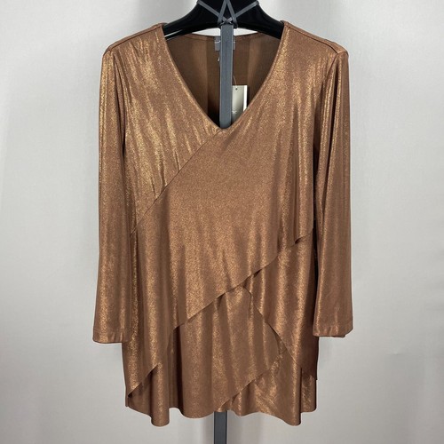 NEW Chicos Shirt Womens Medium copper brown ruffle liquid shimmer casual