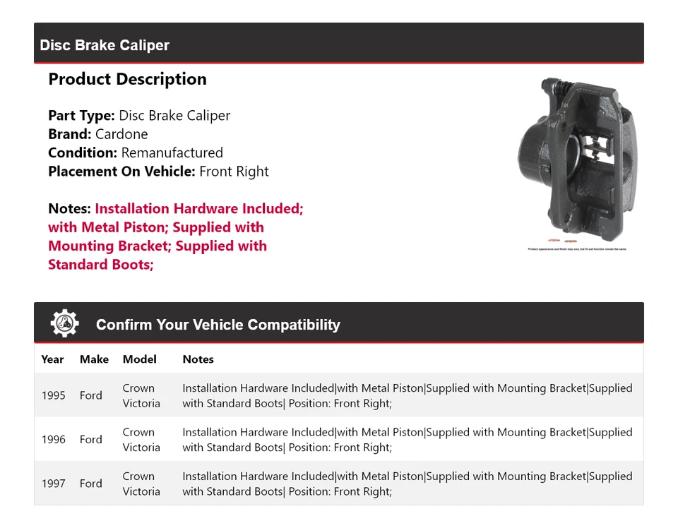 Pinza de freno de disco delantera derecha Cardone 1996 para Ford Crown Victoria 1995-1997 Foto 2 de 4