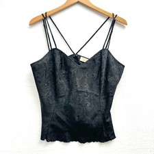 Y2K Victorias Secre Women's Large Gold Tag 00s VTG Floral Sleek Satin Black Top