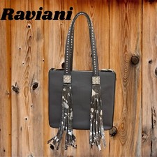 Raviani Tote In Gray Pebble Grain Leather W/swarovski Crystals & Fringe