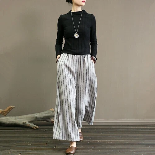 Women Cotton Linen Stripe Loose Wide Leg Trousers Drawstring Elastic Waist Pants - Bild 2 von 13