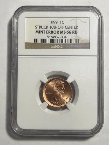 1999 1c Lincoln Cent Struck 10% Lff-Center Mint Error NGC MS66 RD