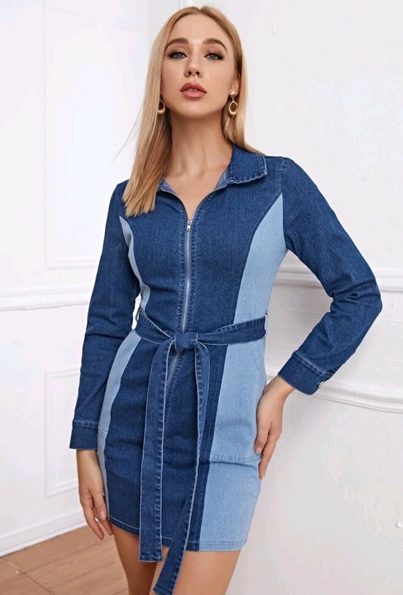 color block denim dress Elegant Color-block Short Sleeve Denim Dress For Women