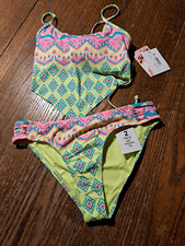 New Girls Sz 12 Hobie 2pc Swimsuit Spaghetti Strap Rear Tie Hankerchief Tankini