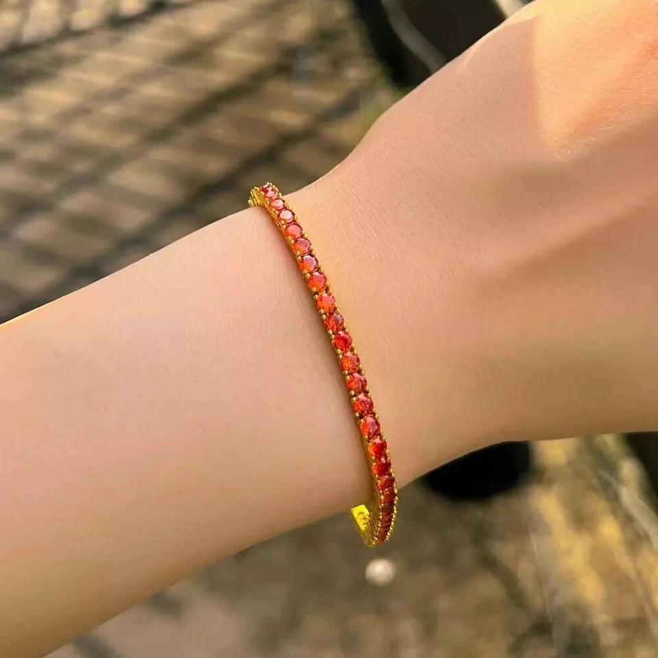 Pulseras Tennis Link 3 mm 6 quilates creadas en laboratorio ópalo de fuego chapadas en oro amarillo de 14 quilates Foto 3 de 4