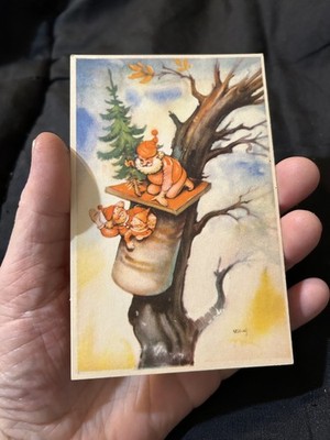 Vintage Postcard God Jul Elf Gnome Life Treehouse Forest Santa Christmas Sweeden