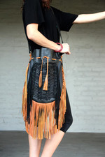 Boho Black Leather Fringe Bag, Tan Tassel Crossbody Purse, Handmade leather
