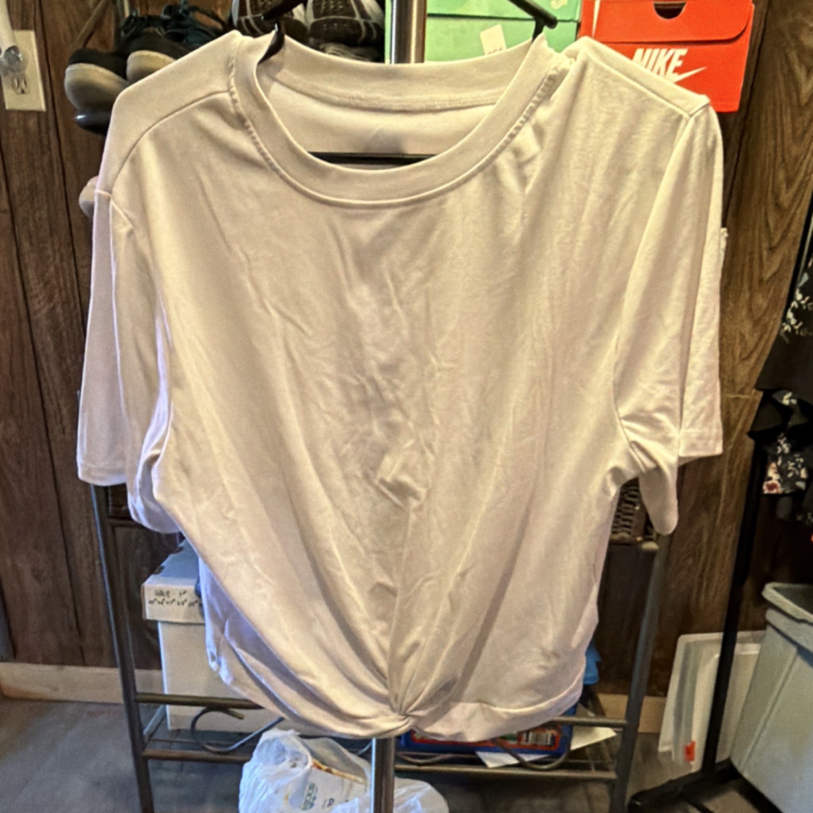 Women's White Solid Twist Front Short Sleeve Crew Neck Cotton Knit T-Shirt L