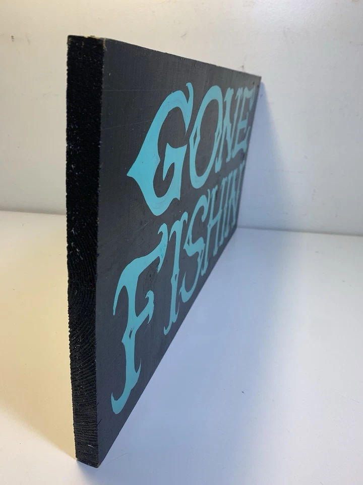 Arte popular pintado a mano pesca desaparecida SIGNO PECES hombre cueva cebo tienda publicidad madera Foto 2 de 4