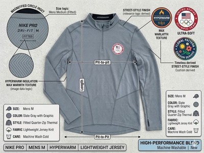 Nike Pro Hyperwarm Men M United States Olympic Team 1/4 Zip Pullover Gray