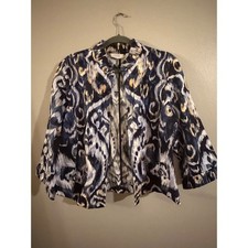 Chicos Ikat Damask Print Linen Blend Open Front Jacket Blue Tan Size 2 L Large
