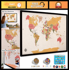 Tablero grande de alfileres de mapa del mundo enmarcado de 30"x20" | Mapa de corcho coloreado con banderas de país y