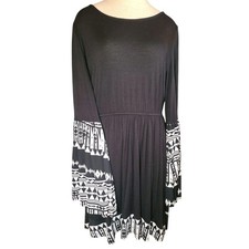 Si Style Black/Geometric Print Mini Dress Bell Sleeve Women's Size L 12/14