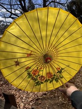 Large Vintage Hand Painted Japanese Chinese Umbrella Parasol Yellow