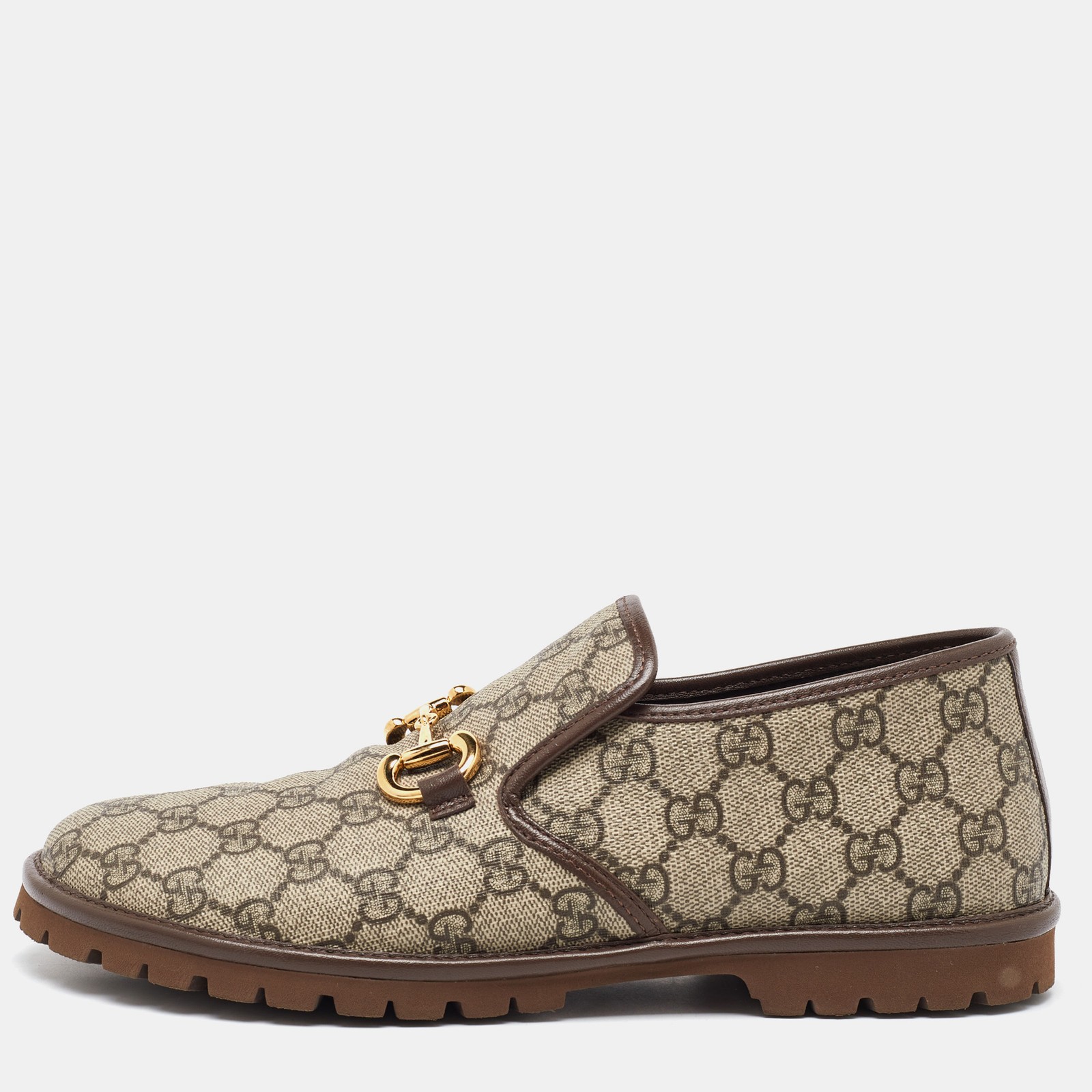 Gucci GG Supreme Canvas Leather Horsebit Loafers Beige Brown Size 40