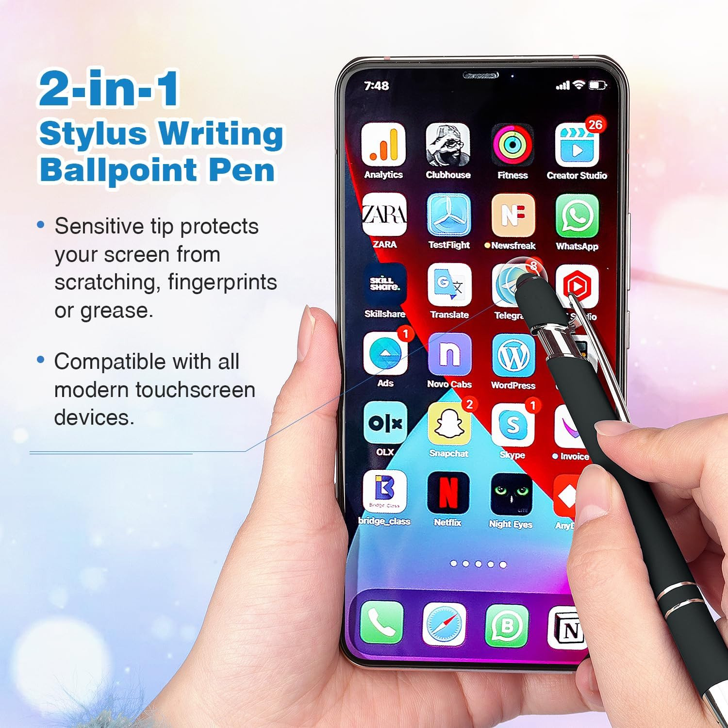 8 Pack Black Ballpoint Pen 2-in-1 Stylus - Retractable Metal Pen With Stylus Tip