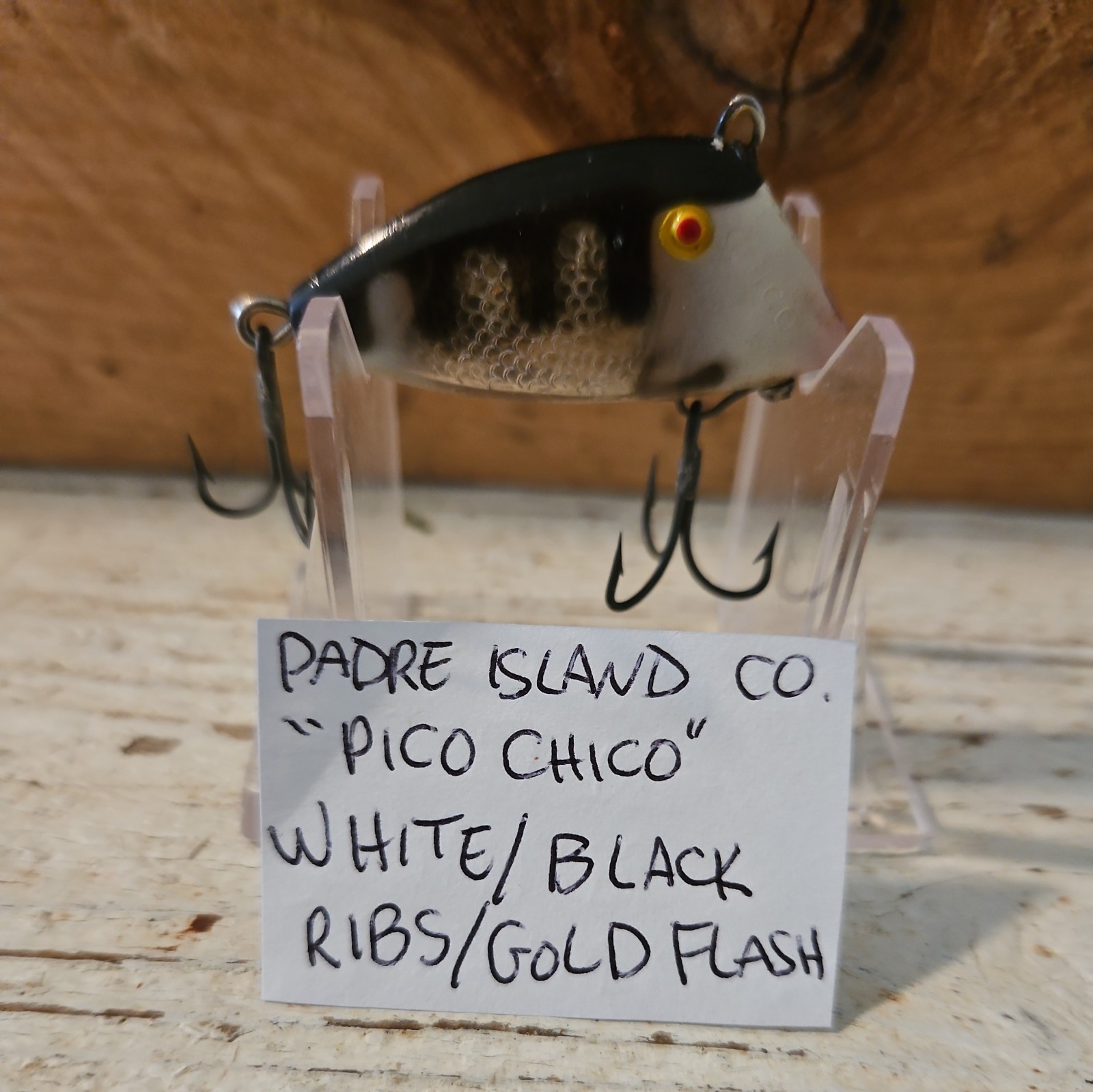 Vtg RARE TEXAS LURE, Padre Island Co. "PICO CHICO. White/Black Ribs/Gold Flash.