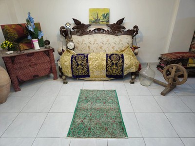Green Turkish Rug, Vintage Wool Handmade Carpet (2.5 x 3.6 ft)
