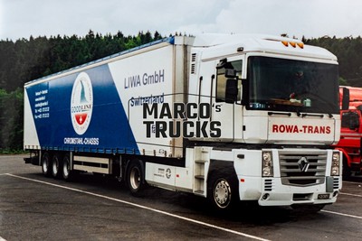 LKW Foto Renault AE Magnum Planensattelzug Schweiz weiß ROWA-TRANS #e4lg