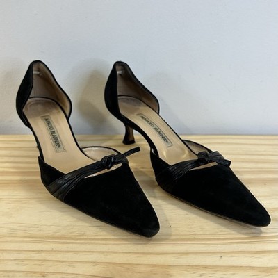Vintage Manolo Blahnik Kitten Heel Black Suede Right Shoe 37.5 Left Shoe 37 