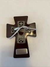 First Communion Wall Cross Cherrywood Silver Overlay With White Ribbon Blessings