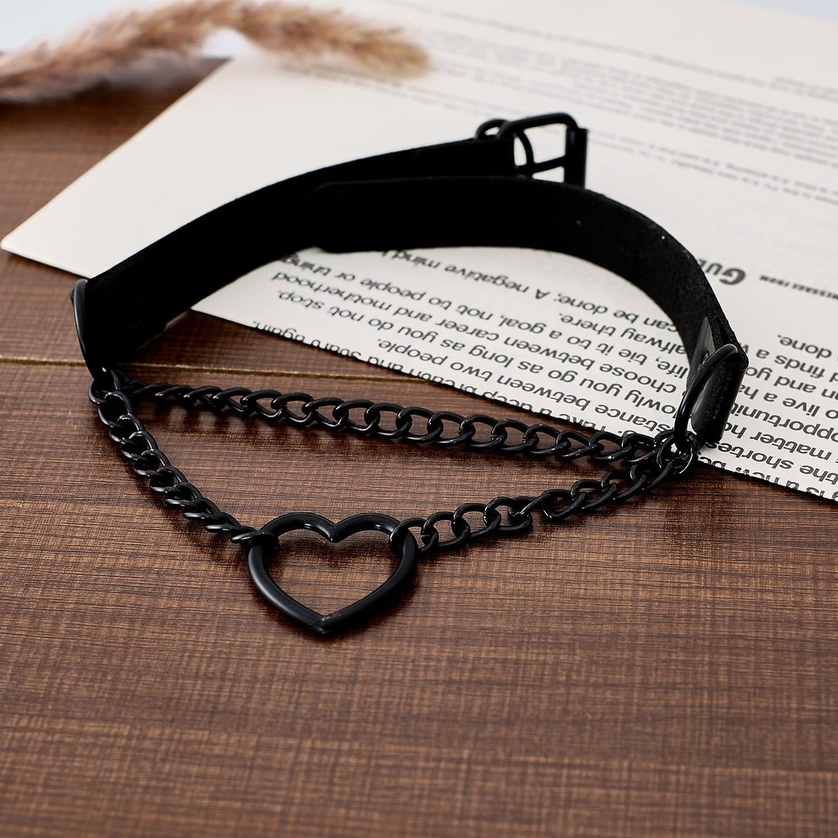 Heart Chain Choker Faux Leather Necklace Black Gothic Pumk Grunge