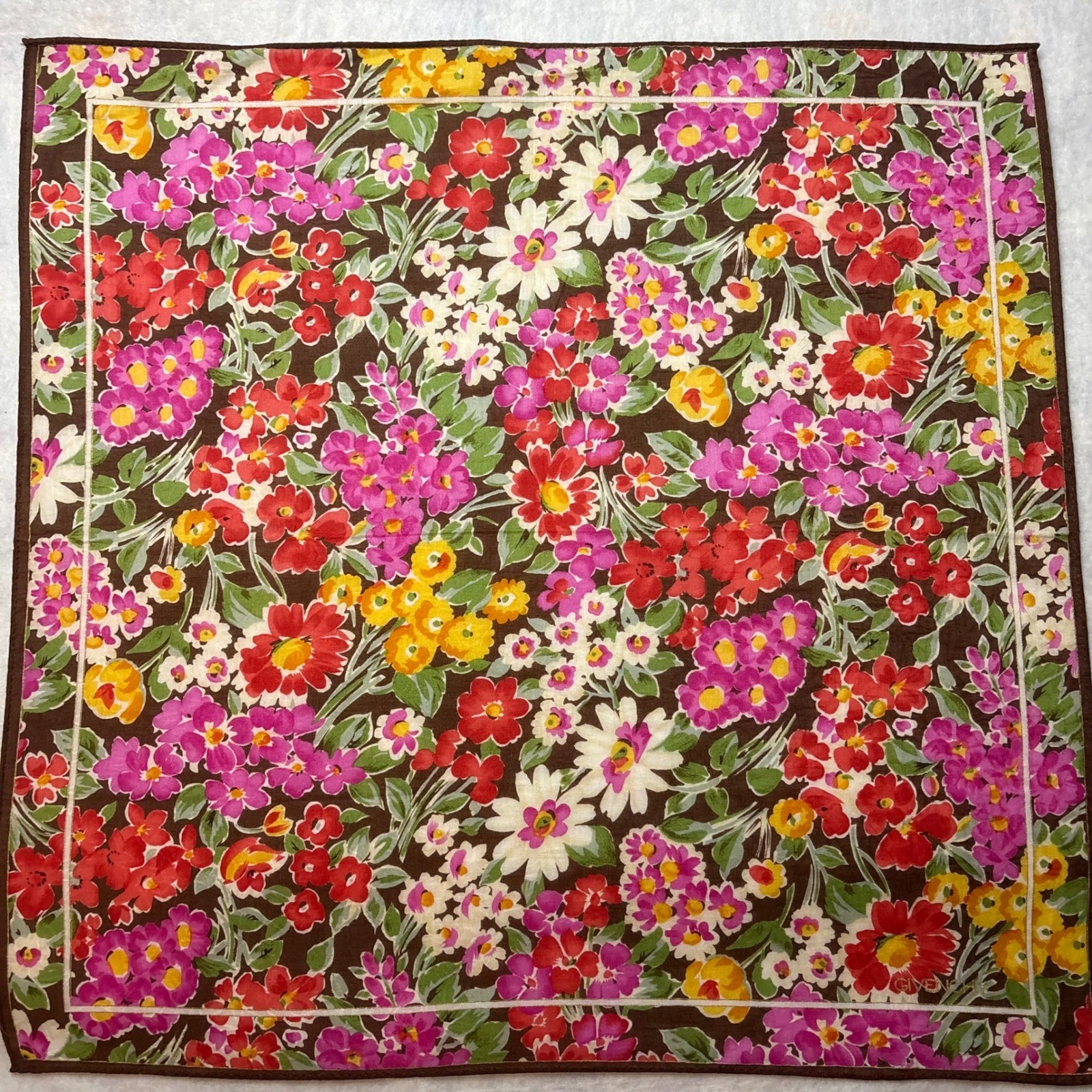 Vtg GIVENCHY Scarf Handkerchief Floral Cotton Brown Yellow Red 19