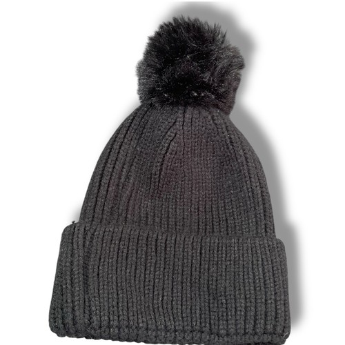 Steve Madden Womens Beanie Knit Faux Fur Pom Wide Cuff OS Cloud Ski Snow Black - Picture 6 of 9