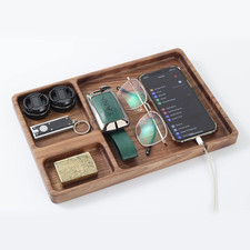 Walnut Wood Valet Tray with Charging Slot - Bedside, Nightstand & Desk Organizer