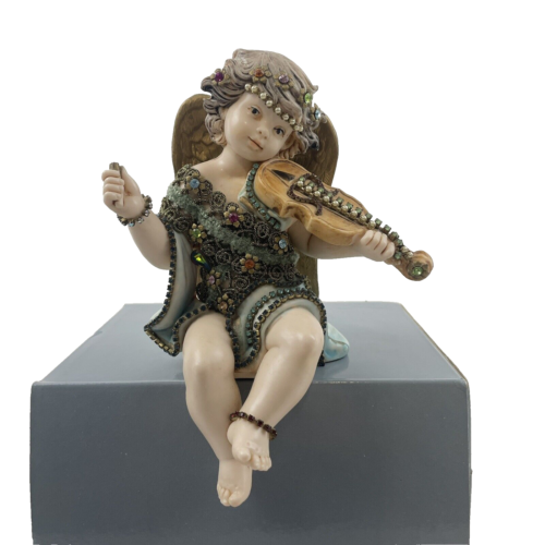 Cherub  ITALY Violin Angel Sequins Tone #5559 Vintage Shelf Sitting Decor 15cm - Picture 1 of 9