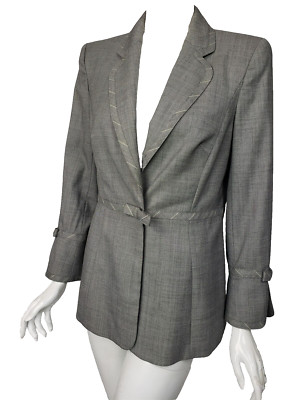 ESCADA Gray Wool Stripe Trim Band Waist Flare Cuff Jacket Blazer D 38 US 8