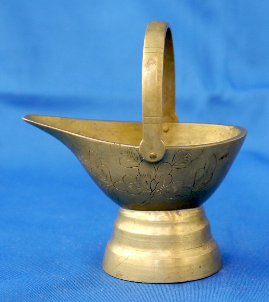 Antique Chinese Brass Ceremonial Water Pouring Vessel. Engaved Flowers w/ Handle