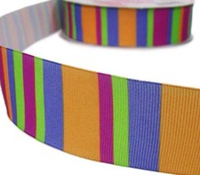 5 Yards Orange Periwinkle Green Pink Striped Grosgrain Wired Ribbon 1.5"W