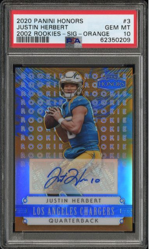 2020 PANINI HONORS #3 JUSTIN HERBERT 2002 ROOKIES AUTO ORANGE 01/25 PSA 10