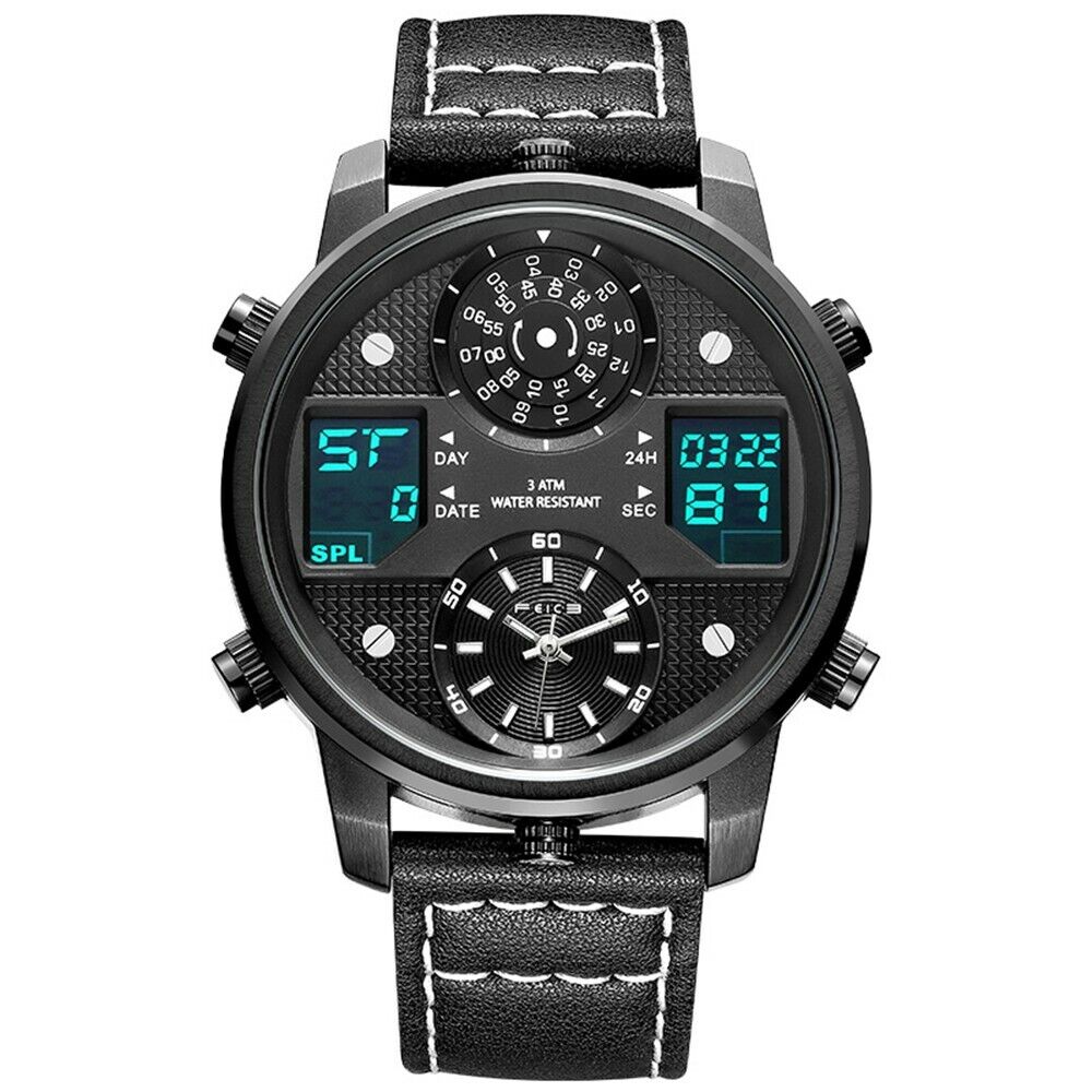 Men's Chronograph Quartz Watch Analog-Digital Waterproof Leather Strap Luminous