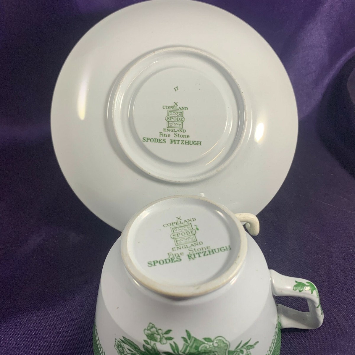 Spode FITZHUGH GREEN (FINESTONE SCALLOPED, NO TRIM) Cup & Saucer 2
