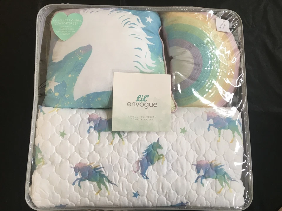 Juego de edredón 6 piezas UNICORNIO arco iris FULL QUEEN LIL Envogue NIÑOS almohada púrpura Foto 2 de 4