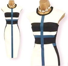 Abito Karen Millen nuovo con etichette avorio illusione colorblock balze matita occasione UK 8