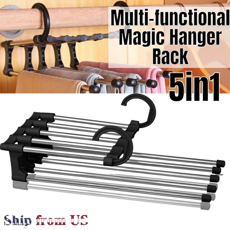 5 in 1 Multi-functional Pants Rack Shelves Space Saving Storage Hangers Home US - Image 3 of 4
