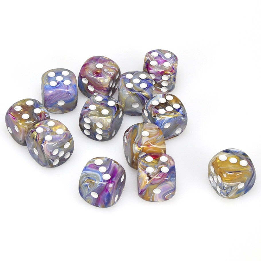 Chessex Würfel-Set – 12x 16mm D6 Mit Punkten (Augen), Bunt Gemischt Auf Braunem Hintergrund