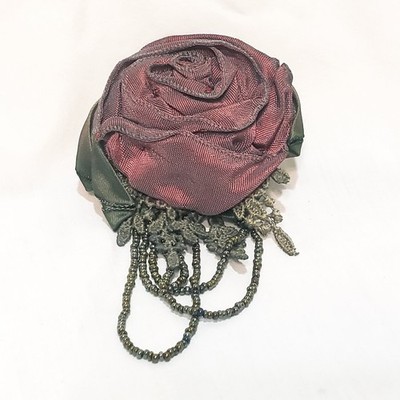 Beverly Gayle Silken Rose Flower Beaded Lace Brooch Pin 4.5'' Draped Seed Beads