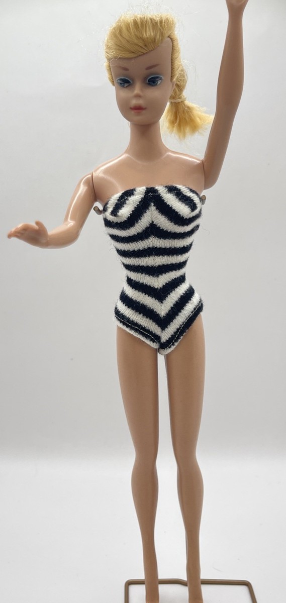 Swimsuit Only! Vintage 1959 Barbie #850 Original Black White Knit Maillot