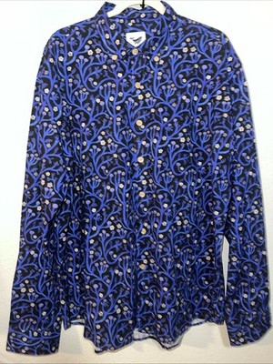 Yiume Shirt Mens X Large Black Blue Floral Print Long Sleeve 100 %Cotton Vibrant