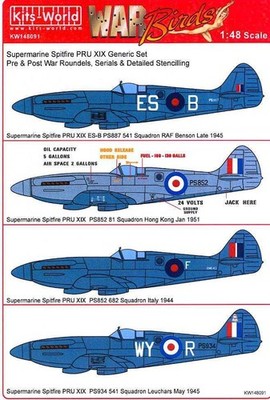 Kits World Decals 1/48 SPITFIRE PRU XIX Generic Set Roundels Serials & Stencils