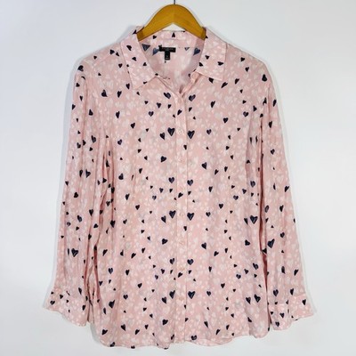 Talbots Women's Blouse XL Button-Up Long Sleeve Pink Heart Flock Cute